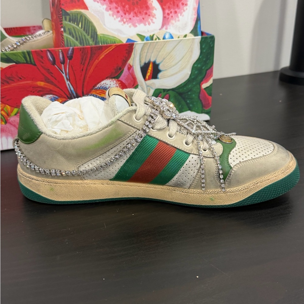 Gucci Cream/Green Sneakers w/ rhinestone chain/off-white collection- authentic - Picture 4 of 10